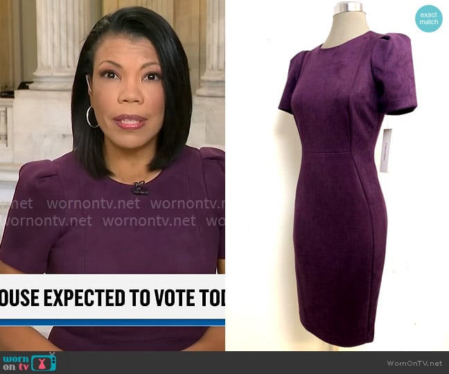 Calvin Klein Faux Suede Puff Sleeve Sheath Dress worn by Nikole Killion on CBS Mornings
