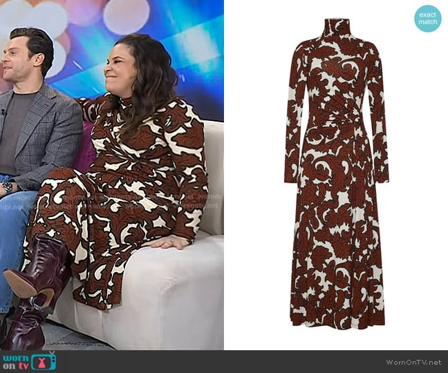 Lindsay Mendez’s brown floral turtleneck dress on Today