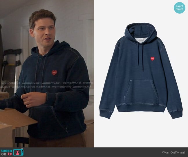 Carhartt Work In Progress Hooded Ingo Sweatshirt in Dark Blue worn by Evan Buckley (Oliver Stark) on 9-1-1