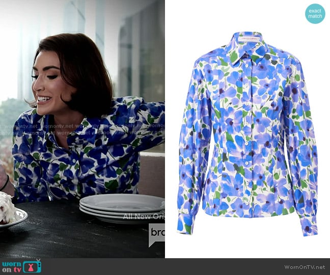 Carolina Herrera Delphinium Floral Poplin Shirt in Delphinium Multi worn by Bronwyn Newport on The Real Housewives of Salt Lake City