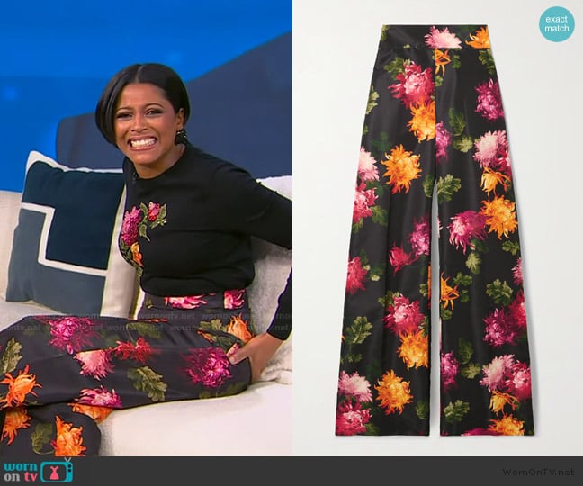 Carolina Herrera Diane floral-print faille wide-leg pants worn by Tamron Hall on Tamron Hall Show