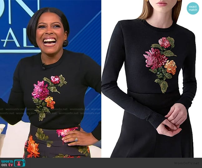 Carolina Herrera Floral Embroidered Silk-Cotton Crewneck Sweater worn by Tamron Hall on Tamron Hall Show