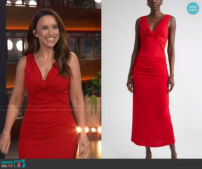 Carolina Herrera Ruched Jersey Column Dress worn by Lacey Chabert on The Kelly Clarkson Show