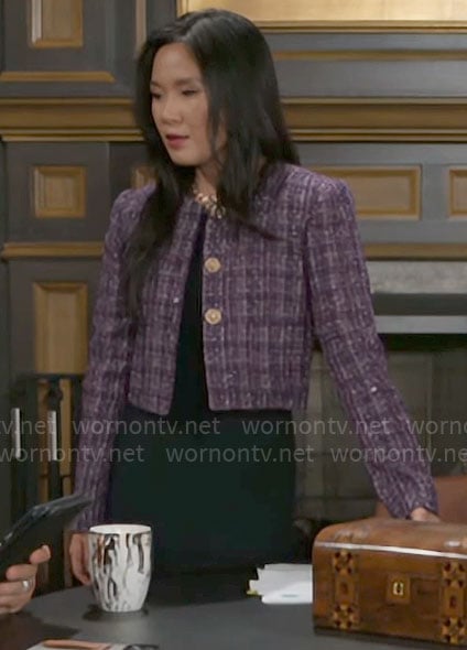Caroline’s purple tweed jacket on Beyond the Gates