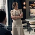 Celine's beige midi dress with cropped leather jacket on The Morning Show