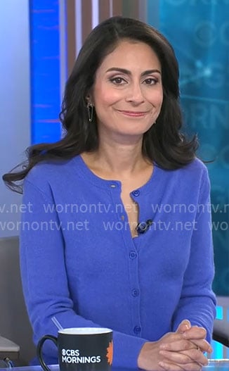 Celine Gounder's blue cardigan on CBS Mornings