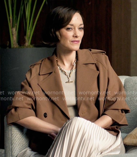 Celine’s brown cropped trench on The Morning Show