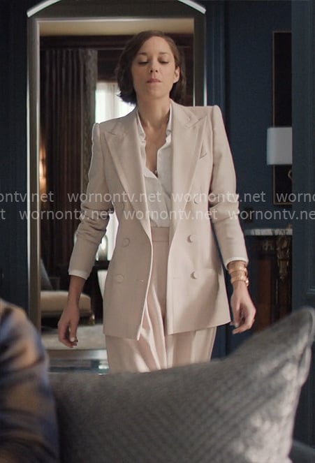 Celine’s light pink suit on The Morning Show