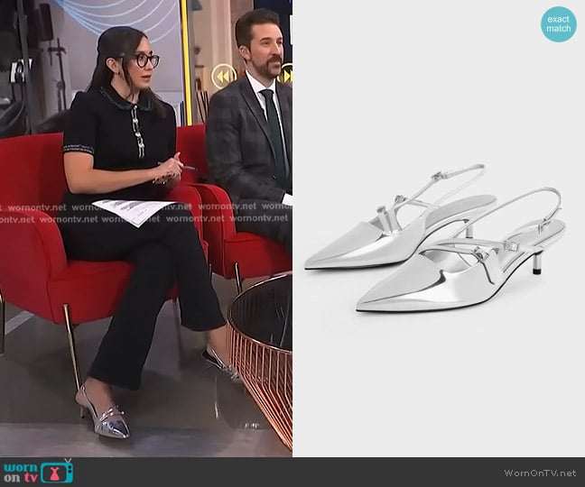 Charles & Keith Buckle-Strap Kitten Heel Slingback Pumps in Silver worn by Savannah Sellers on NBC News Daily