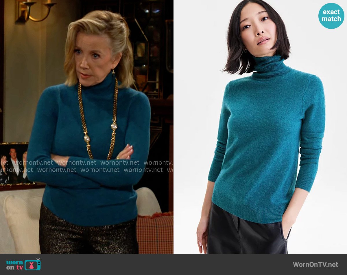 Charter Club 100% Cashmere Turtleneck Sweater in Blue Opal Heather worn by Nina Webster (Tricia Cast) on The Young and the Restless
