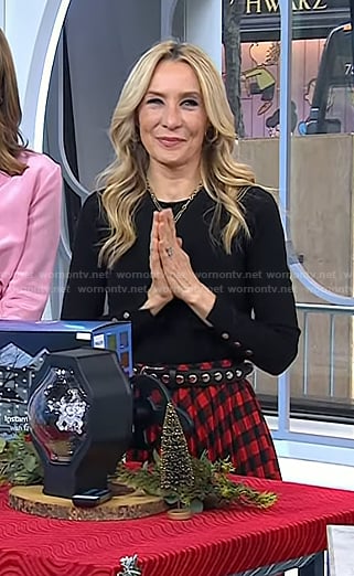 Chassie’s black button sleeve sweater and red check skirt on Today