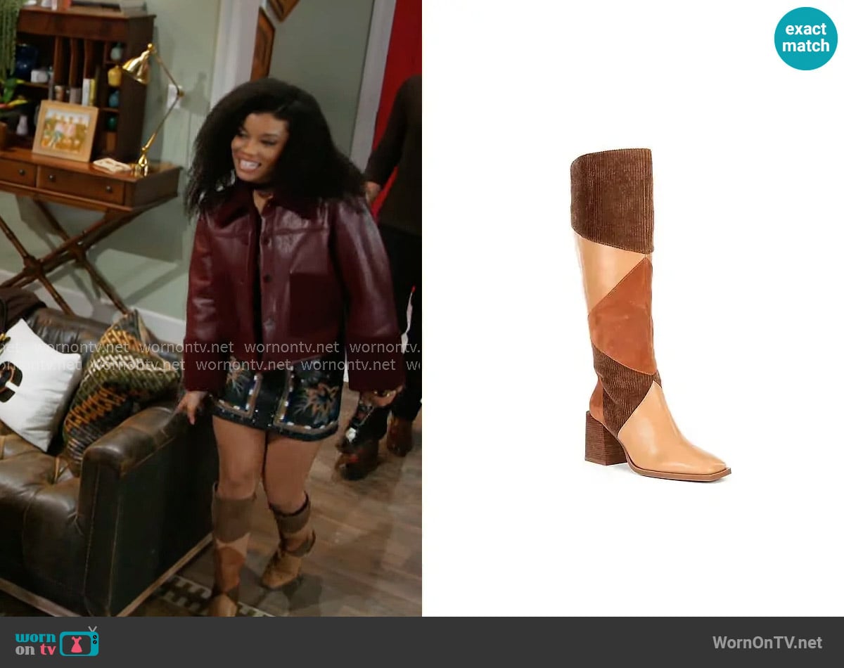 Chelsea & Violet Lulu Colorblock Suede Patchwork Tall Boots worn by Eva Thomas (Ambyr Michelle) on Beyond the Gates