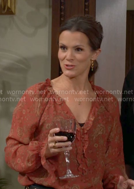 Chelsea’s red printed top with ruffle trim on The Young and the Restless