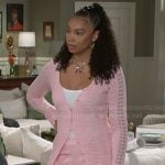 Chelsea’s pink pointelle knit cardigan and lace-up pants on Beyond the Gates