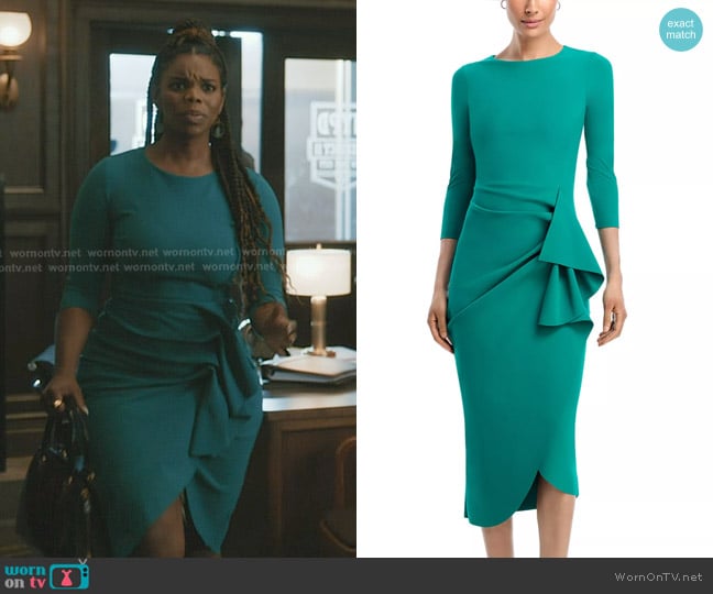 Chiara Boni La Petite Robe Wang 3/4 Sleeve Side Ruffle Dress in Pure Green worn by Julia Payne Wagner (Brittany Inge) on Elsbeth