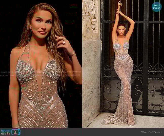 Chic and Holland Plunging Halter Illusion Beaded Gown PH12011 worn by Chrishell Stause on Selling Sunset