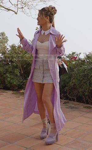 Chrishell's lilac satin trench coat and polka dot mesh top on Selling Sunset