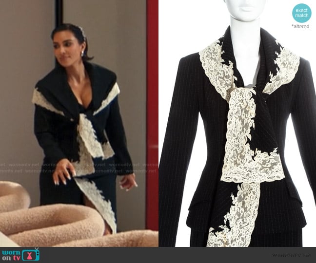 Christian Dior Vintage Pinstripe Lace Trim Jacket worn by Allura Grant (Kim Kardashian) on Alls Fair