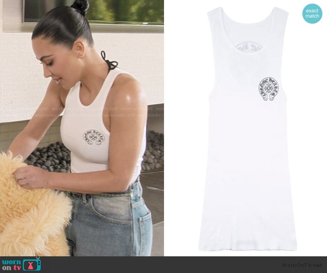 Kim’s white chrome hearts tank on The Kardashians Kim’s white chrome hearts tank on The Kardashians