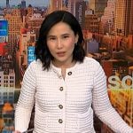 Vicky’s white textured cardigan on NBC News Daily