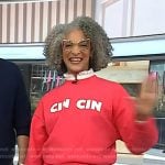 Carla Hall’s red Cin Cin Sweatshirt and embellished jeans on Today