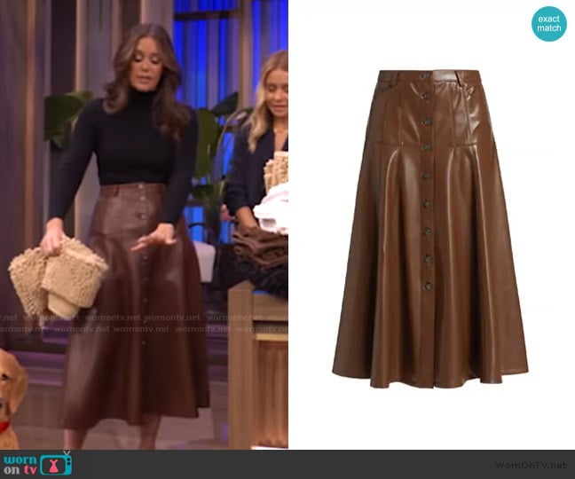 Cinq a Sept Veena Vegan Leather Midi-Skirt worn by Monica Mangin on Live with Kelly and Mark