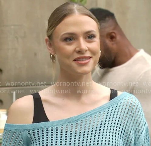 Claire's aqua blue crochet sweater on The Young and the Restless