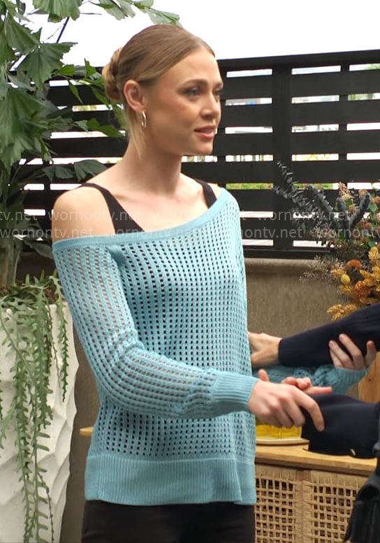 Claire's aqua blue crochet sweater on The Young and the Restless