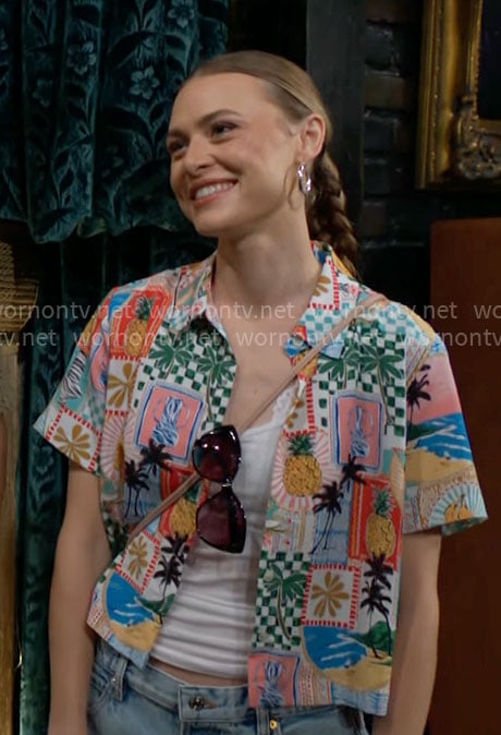 Claire’s postcard print vacation shirt on The Young and the Restless