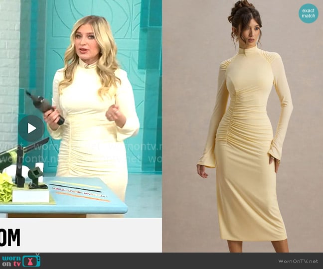 Club L London Cassandra Pale Lemon High-Neck Long-Sleeve Midi Dress worn by Ashley Bellman on CBS Mornings