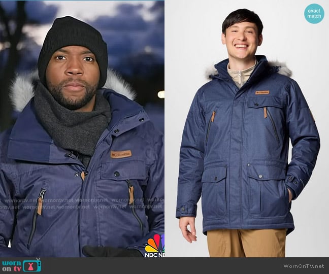 Columbia Barlow Pass TurboDown™ II Waterproof Down Jacket in Collegiate Navy worn by Shaquille Brewster on Today