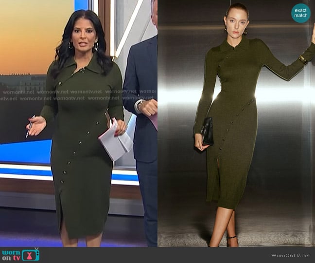 Commense Wool Blend Polo Collar Asymmetric Slit Midi Dress in Green worn by Darlene Rodriguez on Today