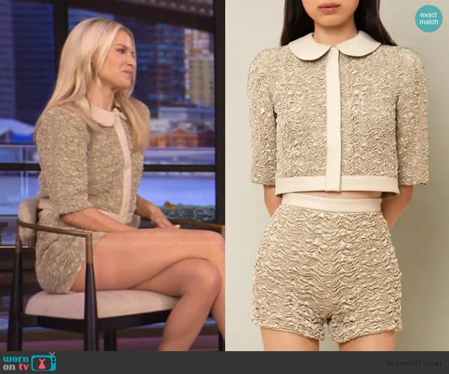 Contessa Mills Blair Whimsical Feminine Lambskin-Trim Cardigan worn by Ali Larter on Live with Kelly and Mark