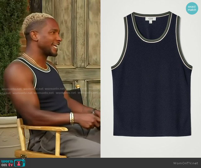 Cos Contrast-trim Ribbed Tank Top in Blue worn by Scott Evans on Access Hollywood