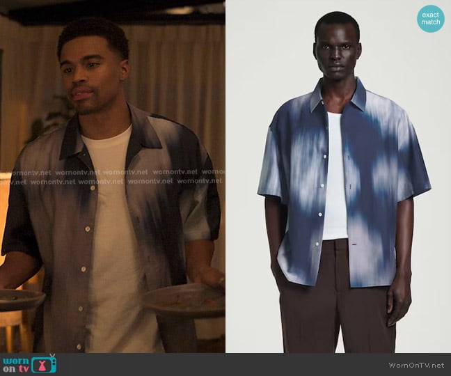 Cos Relaxed Short Sleeved Printed Resort Shirt in Blue Hazy print worn by Ozzie Edwards (Kyle Bary) on Reasonable Doubt