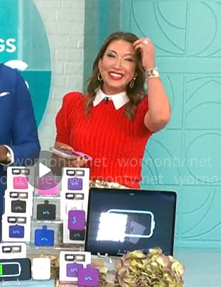 Courtney Cason’s red short-sleeve sweater on CBS Mornings
