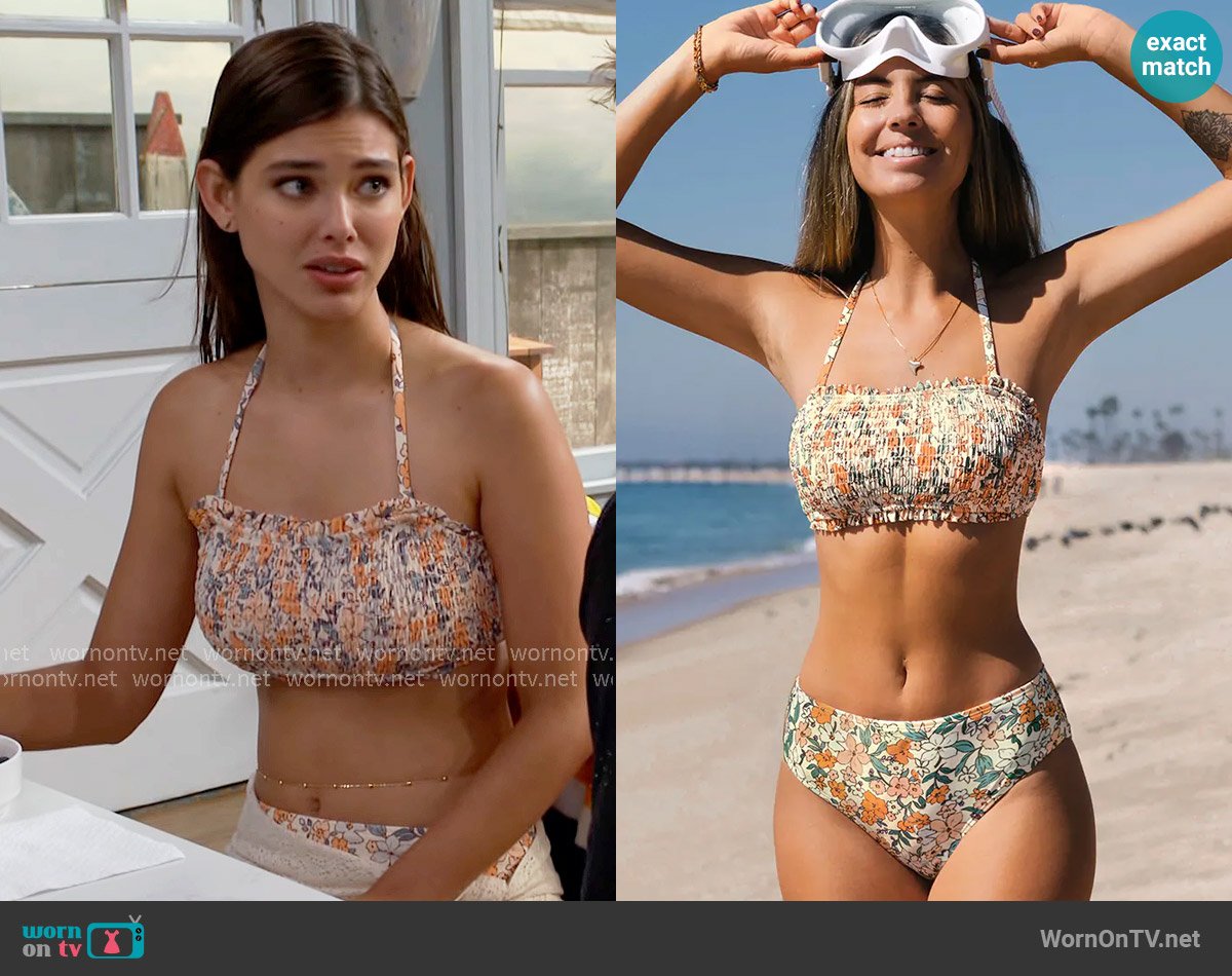 Cupshe Ditsy Floral Smocked Tie Back Bandeau & Mid Rise Bikini Set worn by Electra Forrester (Laneya Grace) on The Bold and the Beautiful