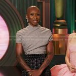 Cynthia Erivo’s grey gathered cross sweater and skirt on The Voice