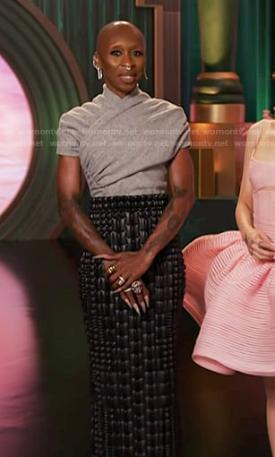 Cynthia Erivo's grey gathered cross sweater and skirt on The Voice