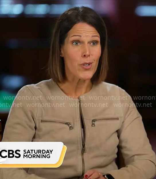 Dana Jacobson’s beige suede jacket on CBS Mornings
