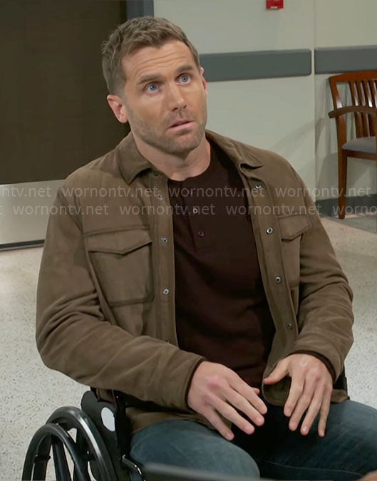 Derek’s brown leather shirt jacket on Beyond the Gates