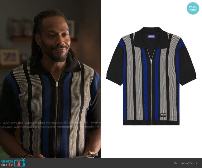 Deva States Junior Zip Knitted Polo in Black Multi worn by Lewis Stewart (McKinley Freeman) on Reasonable Doubt