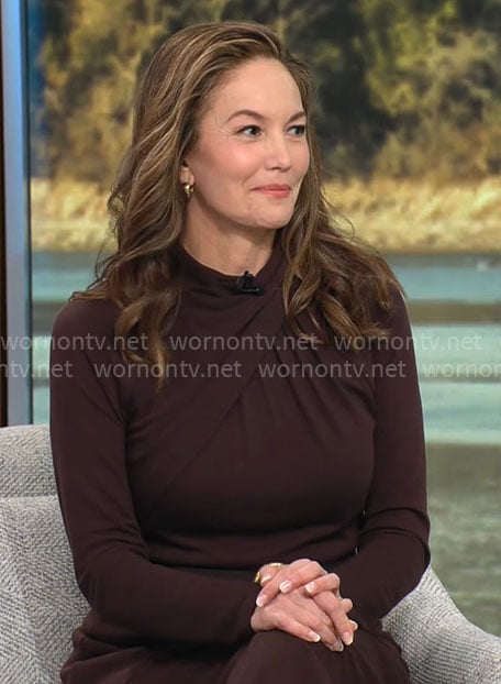 Diane Lane’s brown cross neck dress on CBS Mornings
