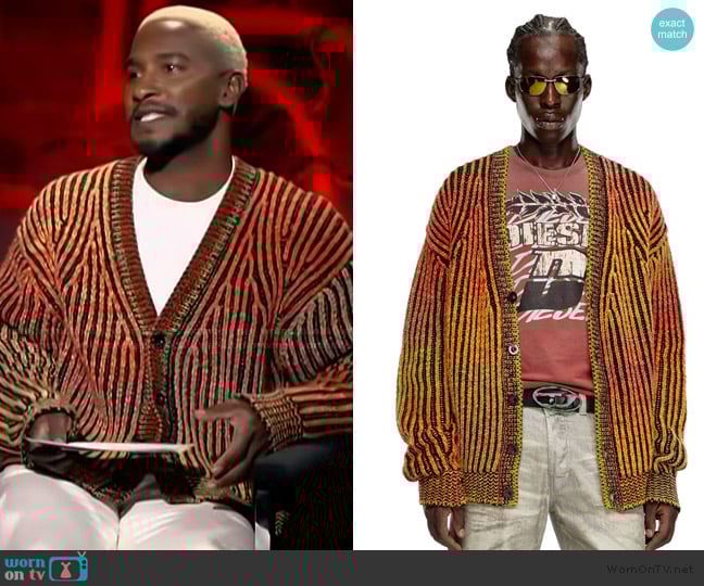 Diesel Striped ribbed cardigan in wool blend worn by Scott Evans on Access Hollywood