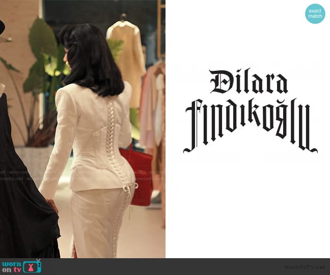 Dilara Findikoglu Custom Blazer and Skirt worn by Allura Grant (Kim Kardashian) on Alls Fair