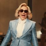 Dina’s blue jacquard blazer and pants on Alls Fair