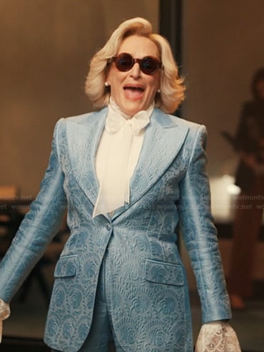 Dina's blue jacquard blazer and pants on Alls Fair