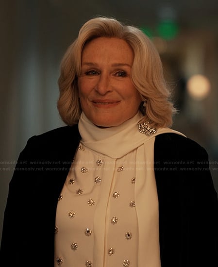 Dina's white embellished blouse on Alls Fair