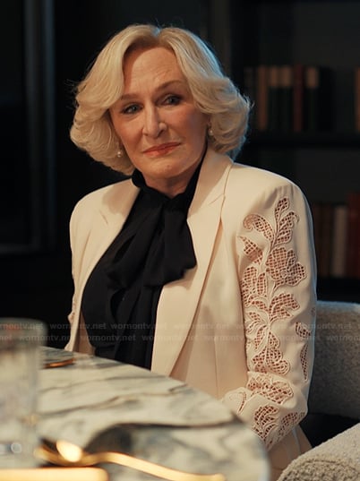 Dina's white lace sleeve blazer on Alls Fair