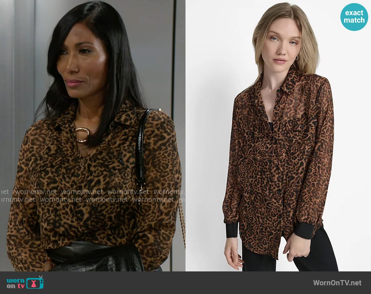 DKNY Printed Button-Front Long-Sleeve Shirt in Compact Cheetah worn by Dana 'Leslie' Thomas (Trisha Mann-Grant) on Beyond the Gates